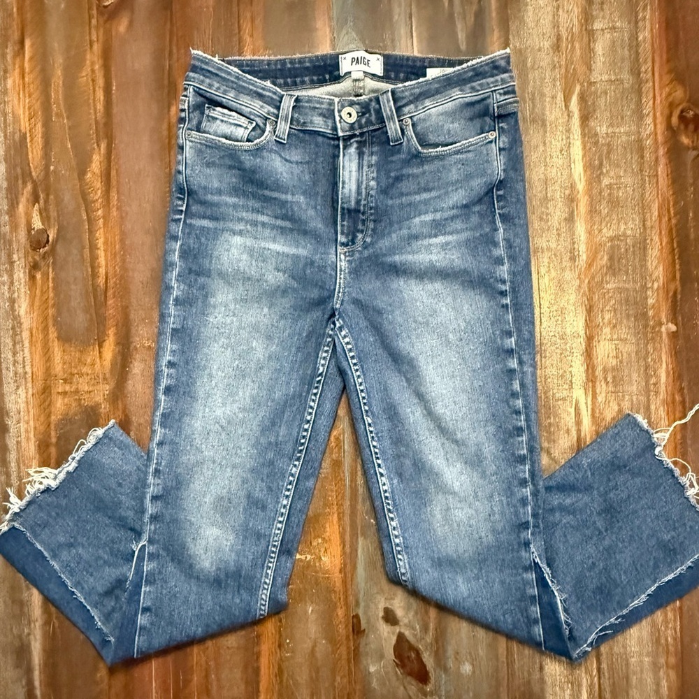 PAIGE Women’s High Rise Straight Leg Denim Jeans Size 29 Medium Wash Raw Hem EUC